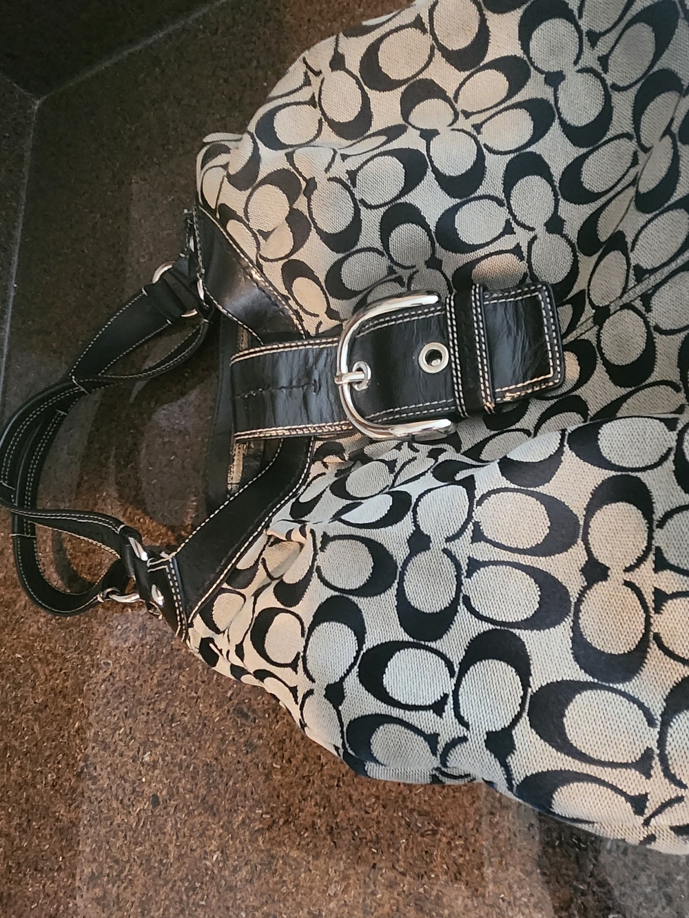 Coach Black & Khaki Signature Buckle Shoulder Bag with Silver Hardware - Picture 2 of 6